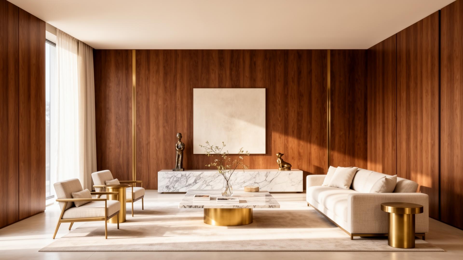 A composition in walnut, marble and brass